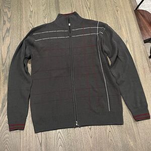 Adolfo Mens Gray Plaid Mock Neck Acrylic Full Zip Sweater Cardigan Size L